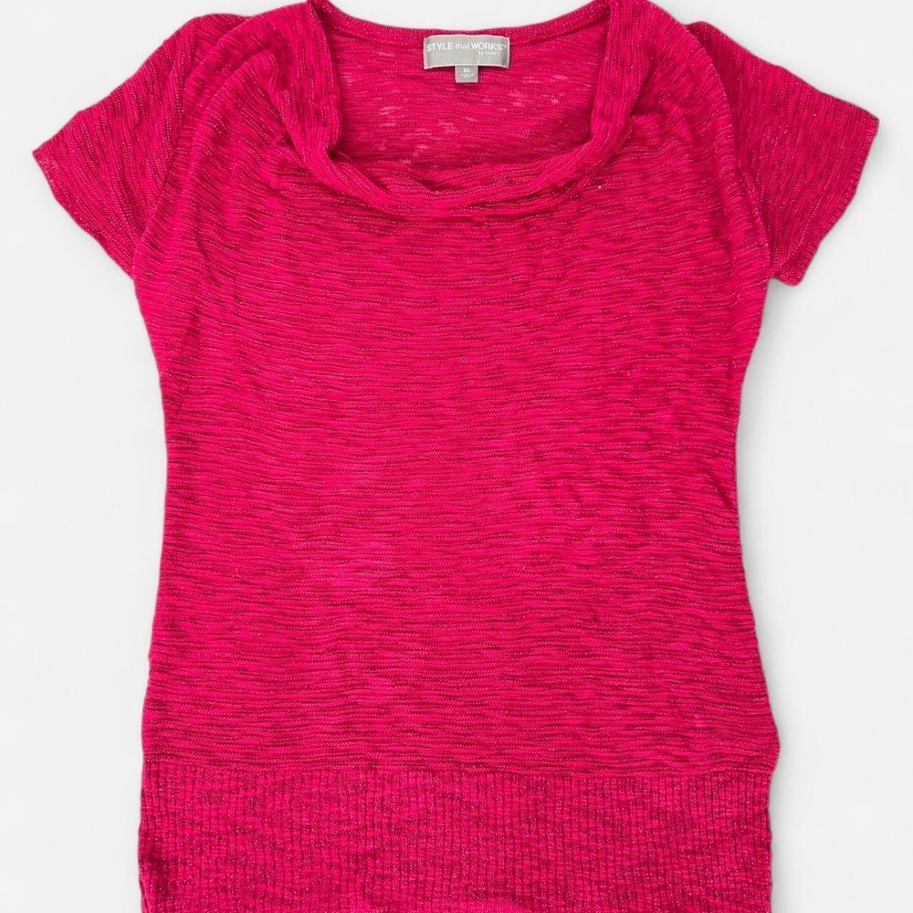 Vanity Hot Pink Cowl Neck Metallic Knit Short Sleeve Top XL Mallcore Y2K